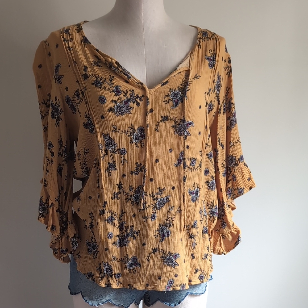 LC Lauren Conrad Mustard Floral Blouse